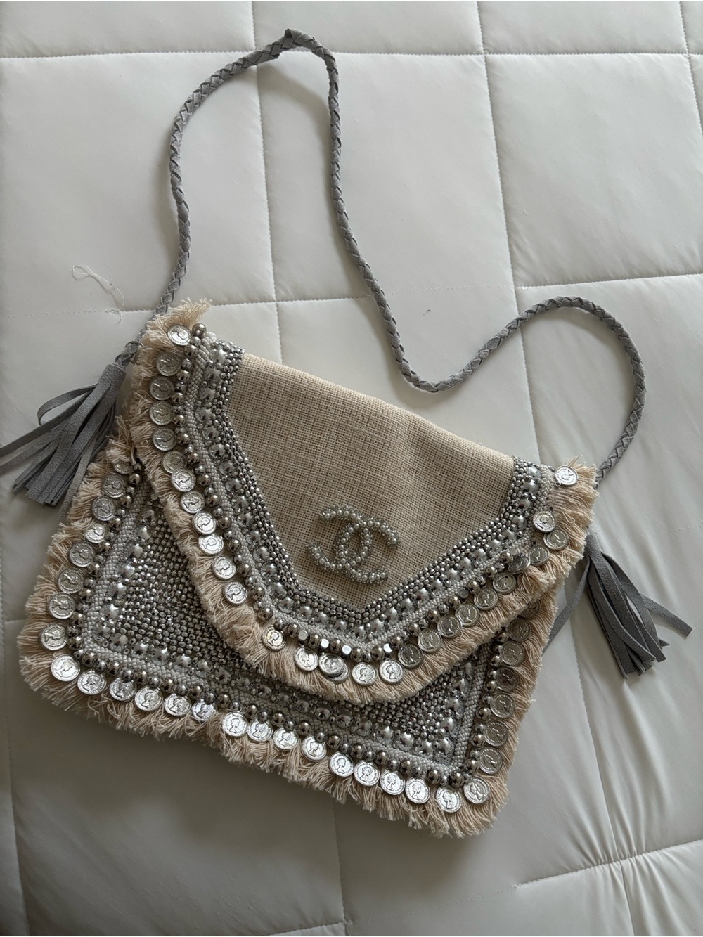 Beige Embellished boho coin style Crossbody Bag